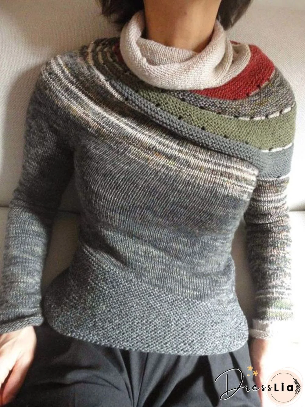 Color Block Knitted Sheath Long Sleeve Asymmetric Sweater
