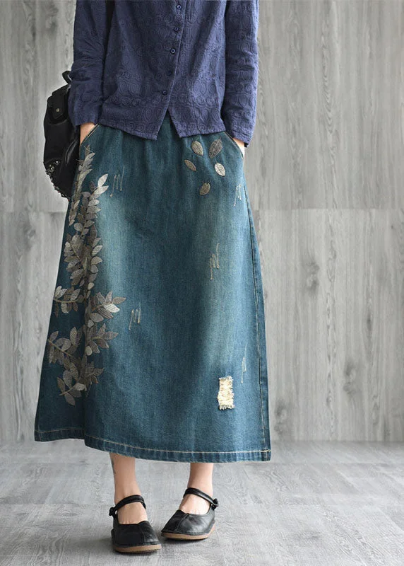 Natural Dark Blue pockets Embroideried Cotton denim Skirts