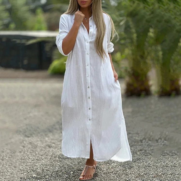 VChics Casual Cotton And Linen Long-Sleeved Shirt Dress