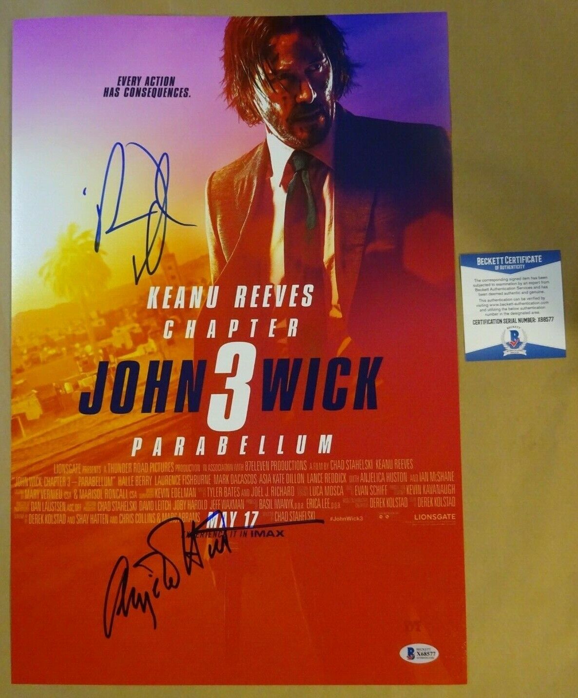 Signed ANJELICA HUSTON ROBIN LORD TAYLOR JOHN WICK 3 Photo Poster painting 12x18 BECKETT BAS COA