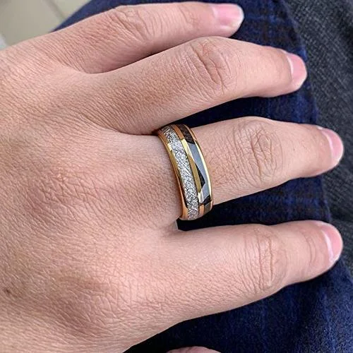6MM 8MM Women's Or Men's Gold Tungsten Carbide Matching Rings with Black Carbon Fiber Inlay and Inspired Meteorite