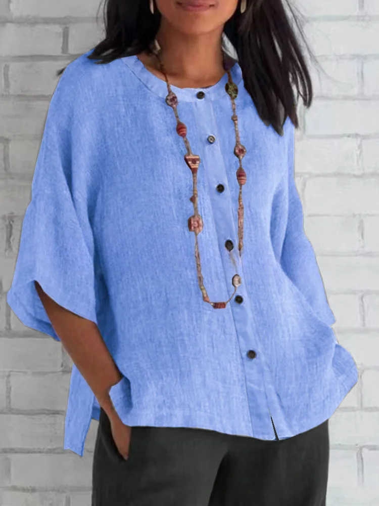 Autumn Women's Round Neck Three-quarter Sleeve Cotton Linen Solid Color Loose Casual Shirt socialshop