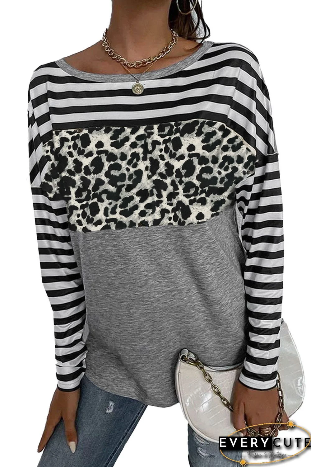 Striped Leopard Block Splicing Long Sleeve Top