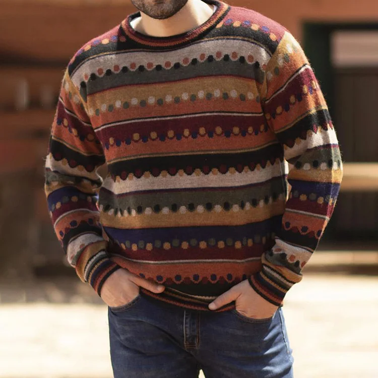 Utbros Men'S Vintage Polka Dot Knit Crew Neck Sweater