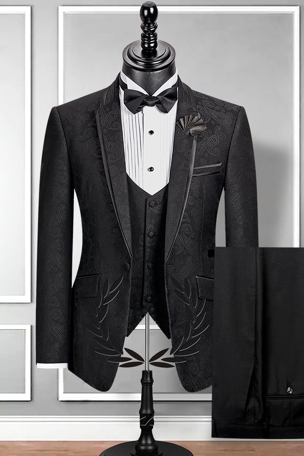 Black Slim Fit Notched Lapel Jacquard Wedding Suit For Men | Ballbellas Ballbellas