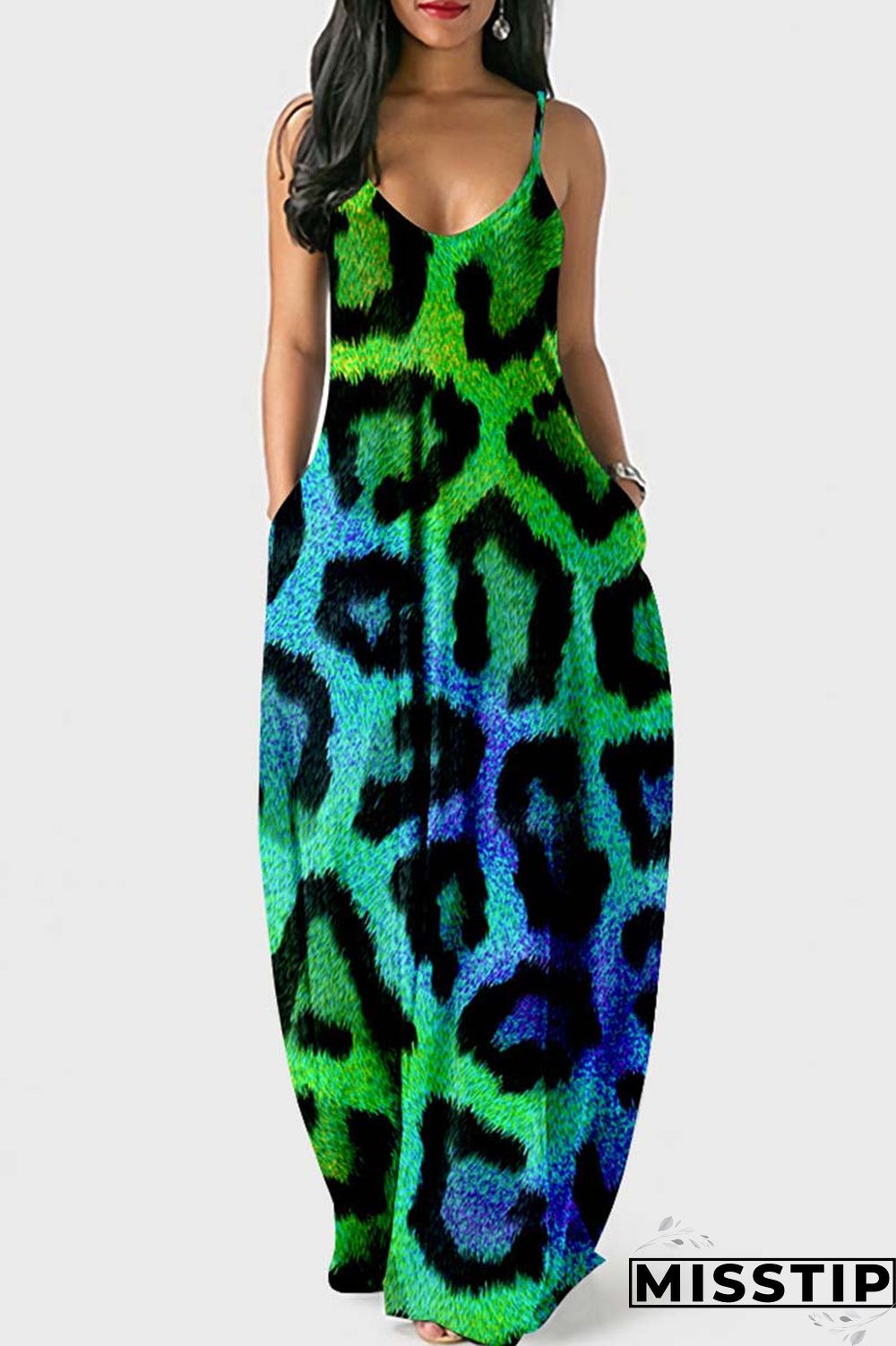Blue Sexy Casual Print Leopard Backless Spaghetti Strap Long Dress Dresses