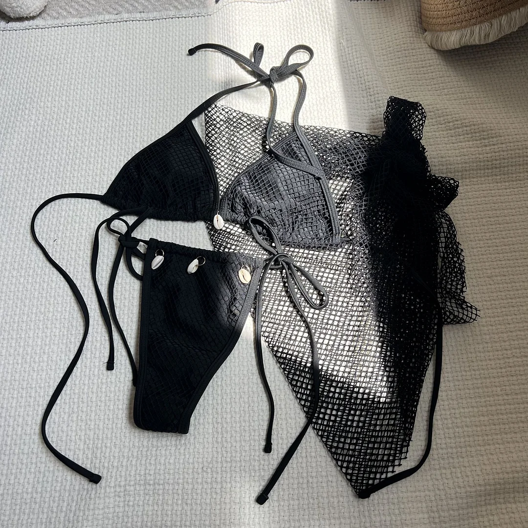 Uveng 2024 New Small Fresh Sexy Beach Shell Three-Piece Net Swimsuit Bikini Bikini