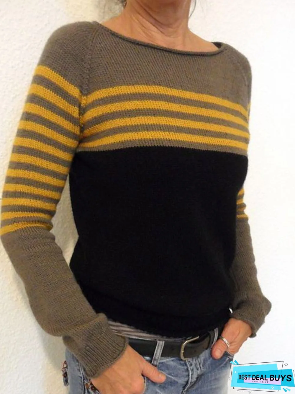 Striped Cotton-Blend Casual Crew Neck Sweater