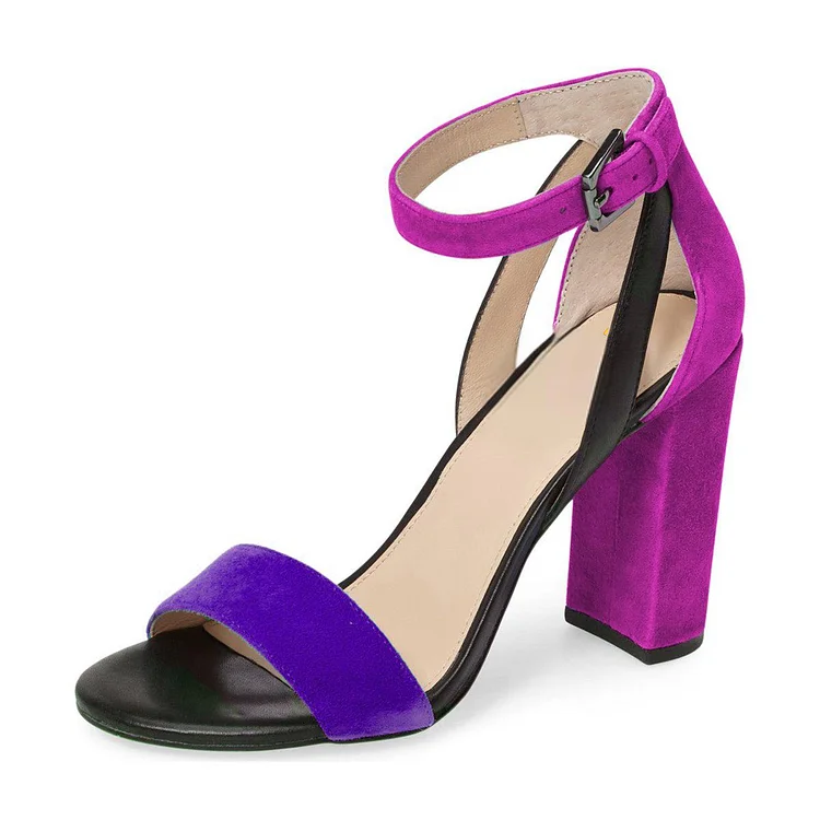 Purple and Black Suede Block Heel Ankle Strap Sandals by VDCOO Vdcoo