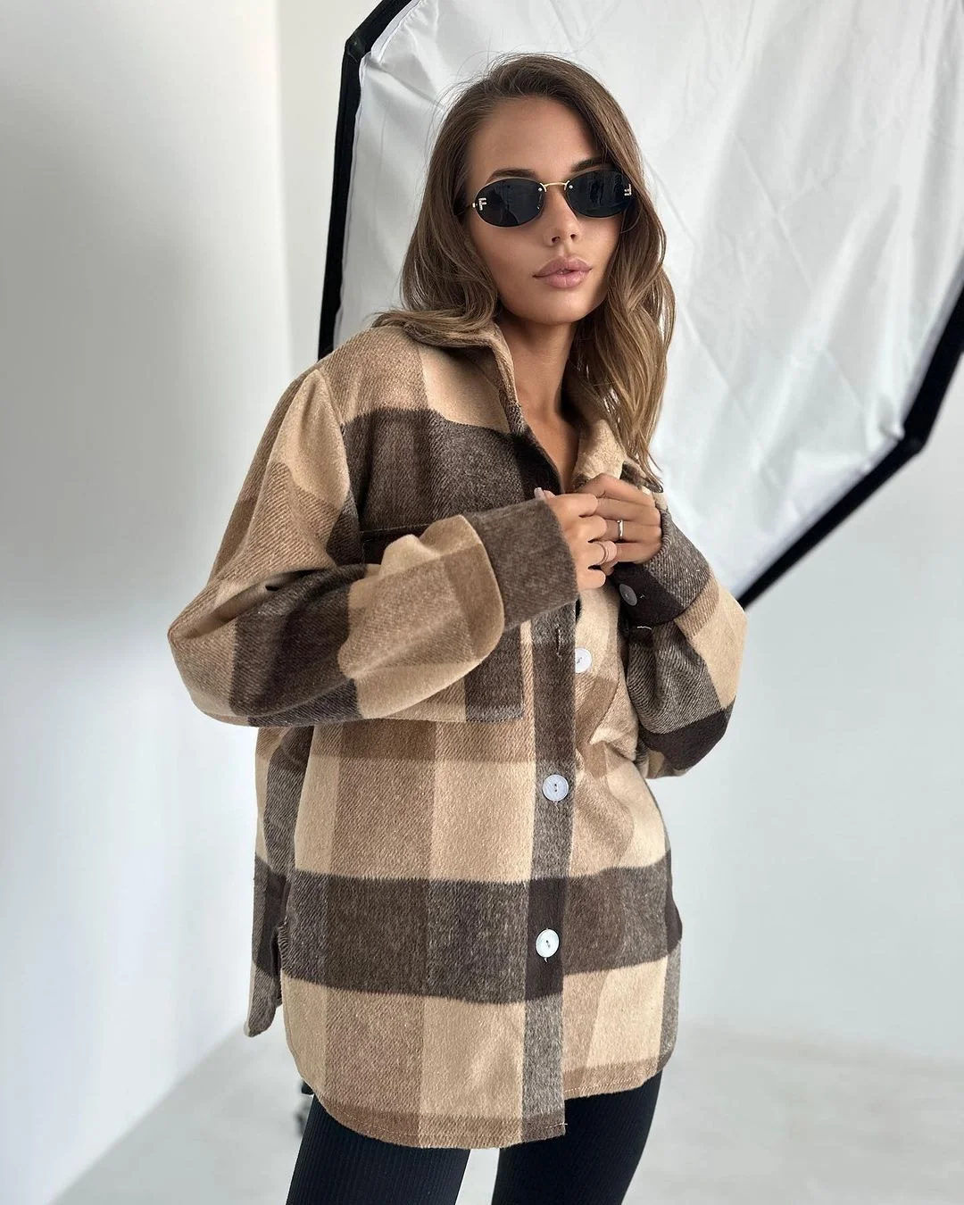 Nigikala Nigikala New Casual Long-Sleeved Open Shirt Plaid Shirt For Women