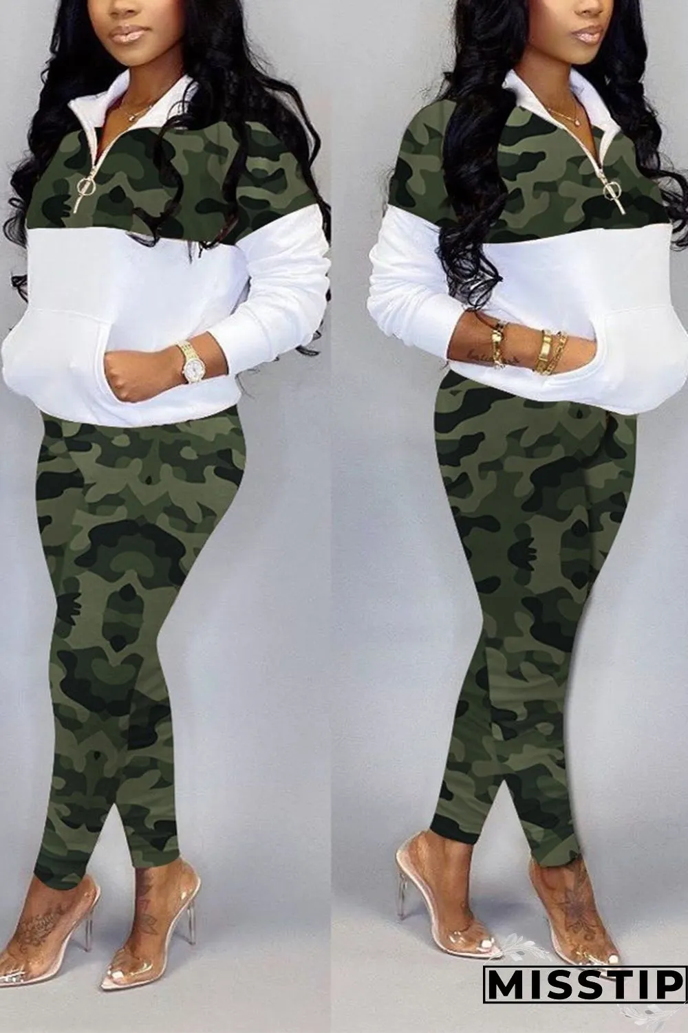 Blue Stylish Casual Printing Long Sleeve Zipper Sports Set