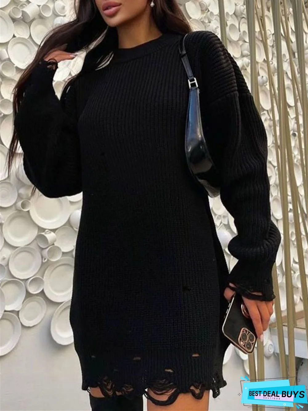 Temperament Commuting Long Sleeve Round Neck Thick Needle Hem Irregular Knitting Sweater Dress