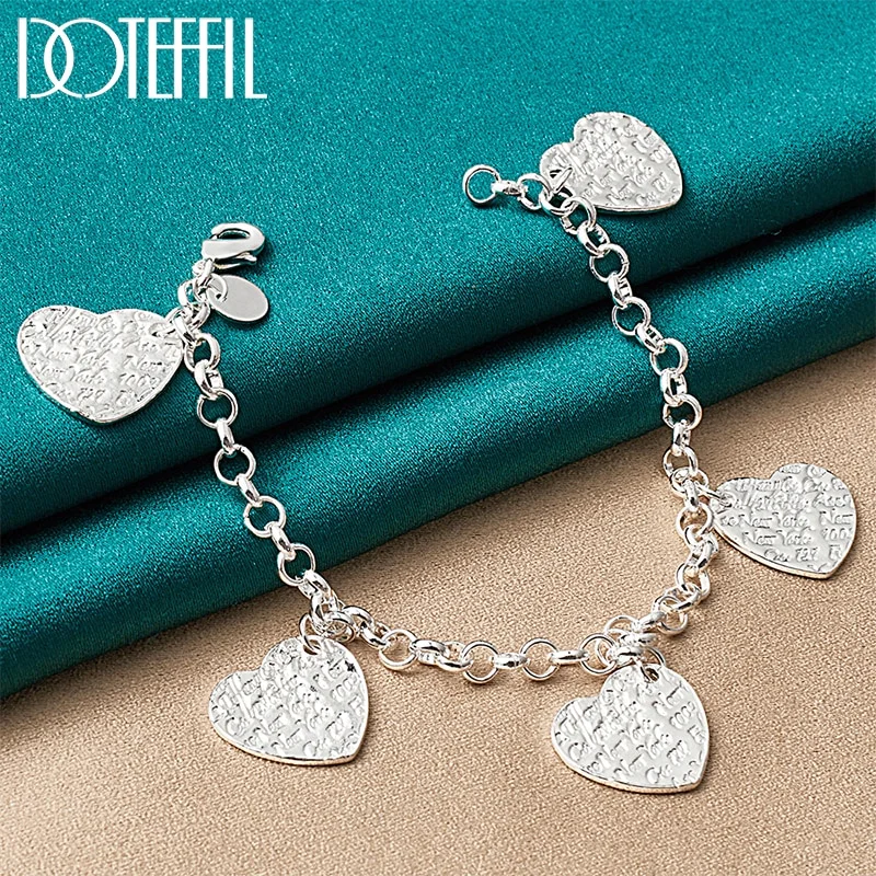 925 Sterling Silver Five Heart Carving Pattern Pendant Bracelet Chain For Women Jewelry