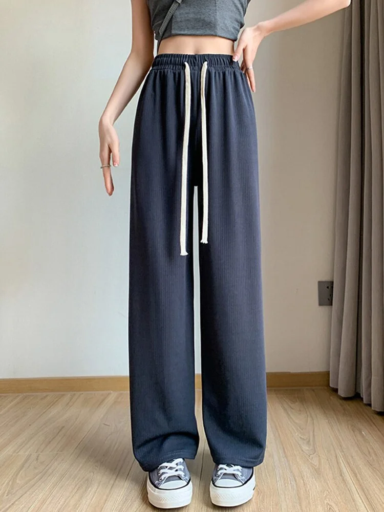 Women Long Pants Spring Summer Elastic Waist Stright Long Wide leg pants 2023 Casual Female Long Knitted Pants Trousers