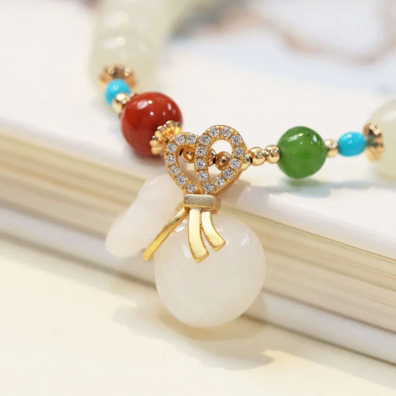 Natural Hetian White Jade 14K Gold Plated Money Bag Blessing Bracelet