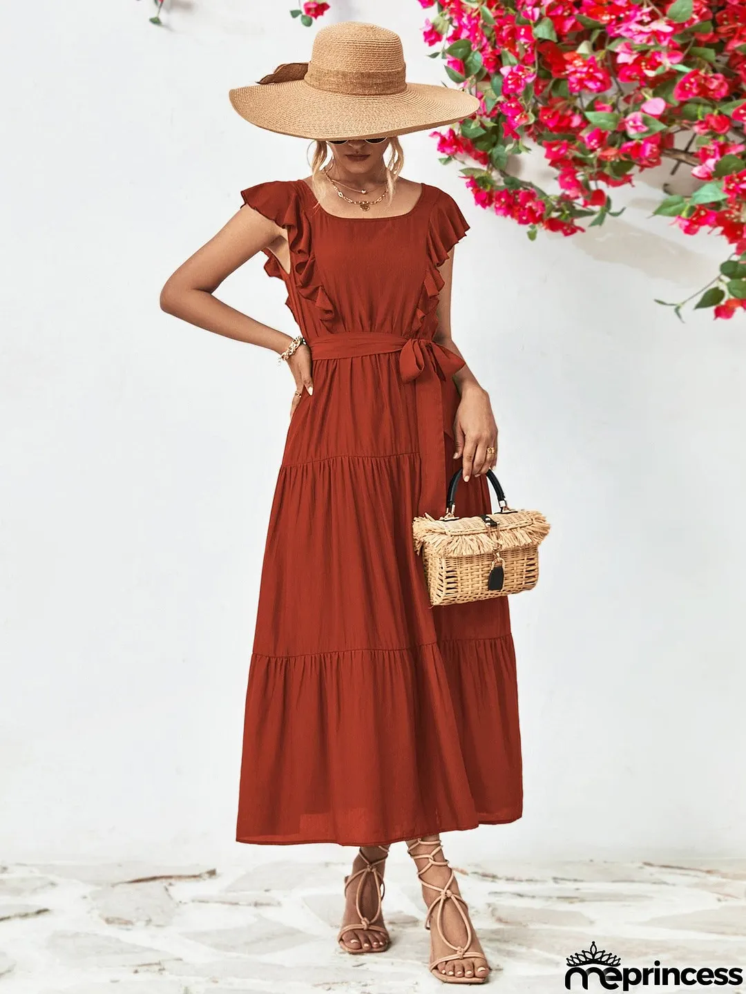 Tie Belt Ruffled Tiered Dress