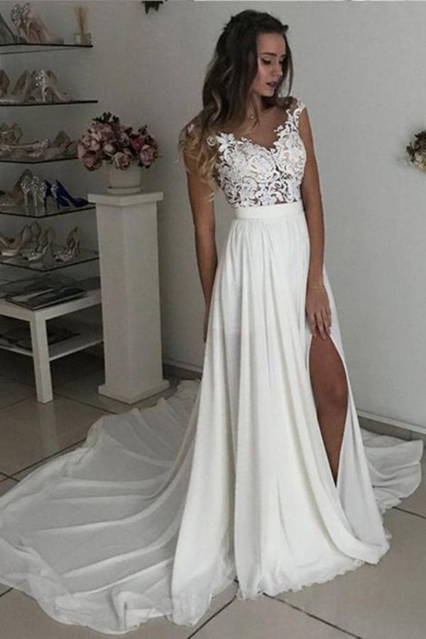 A-line V-neck Long Wedding Dress With Slit Chiffon Lace