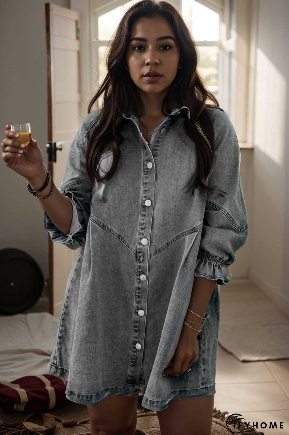 down loose short sleeve denim jean dress drop shoulder a line paneled peasant closed bateau v neck dress | IFYHOME