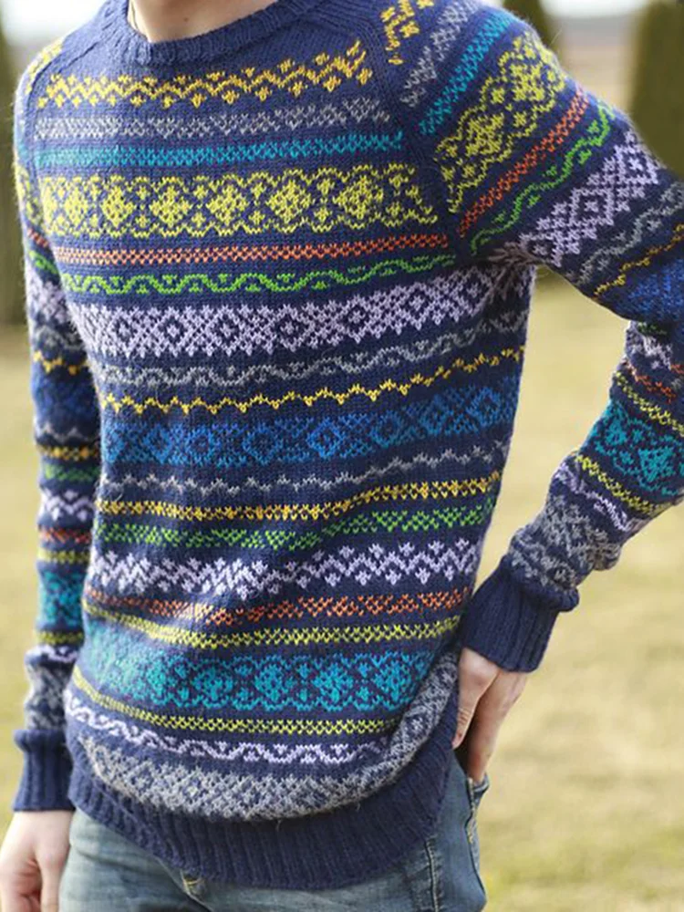 Vintage Shetland Knit Jacquard Icelandic Crew Neck Sweater