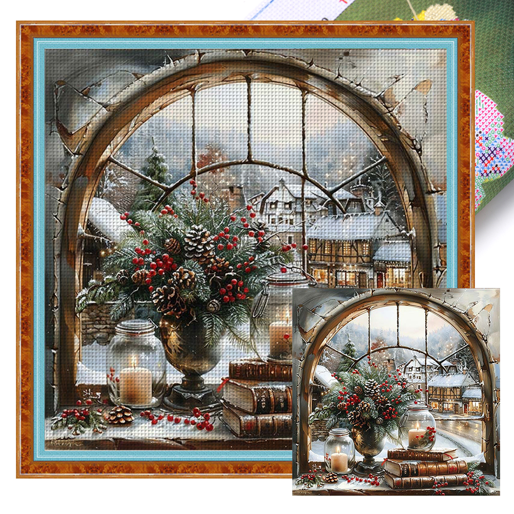 Winter Windowsill Full 14CT Pre-stamped Canvas(50*50cm) Cross Stitch