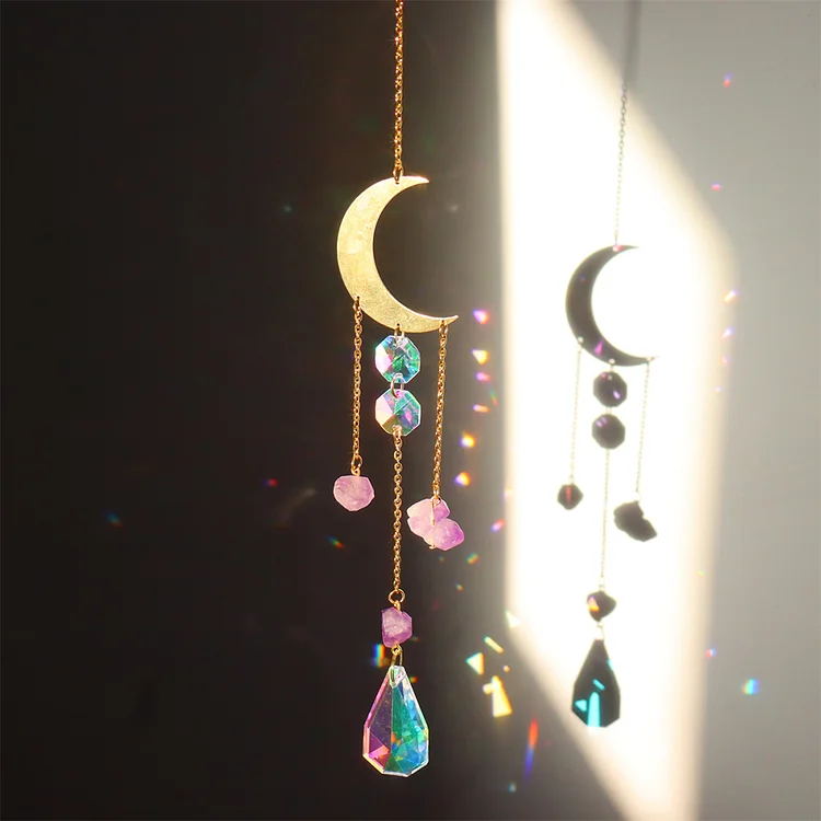 Crystal Wind Chimes Ornaments Natural Stone Light Catcher Home Decor (Moon)