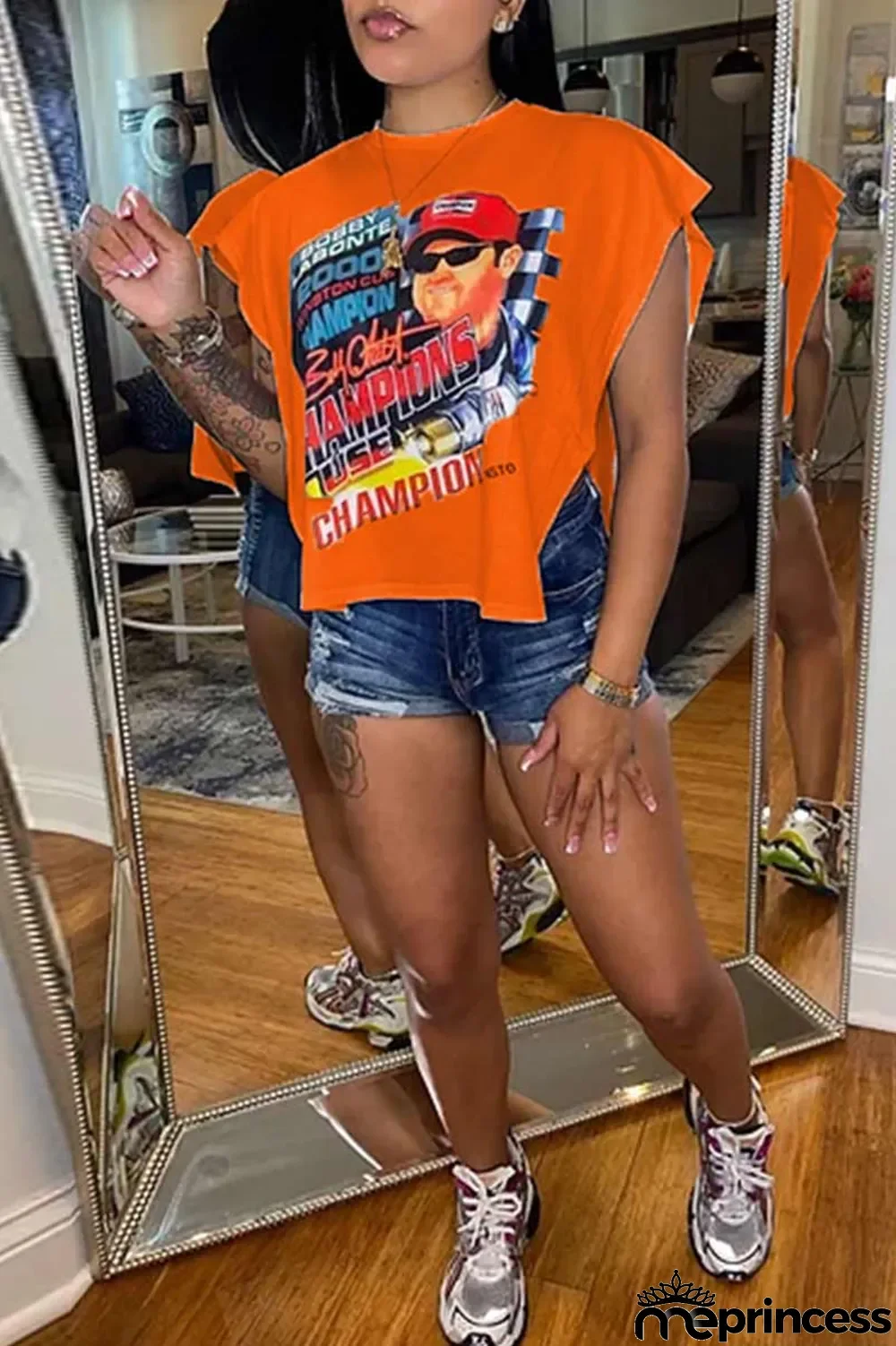 Rose Red Sexy Street Print Patchwork Slit Asymmetrical O Neck T-Shirts