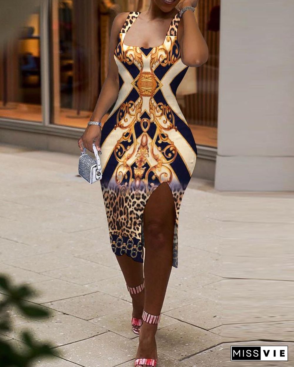 Scarf Print Sleeveless Split Thigh Dress