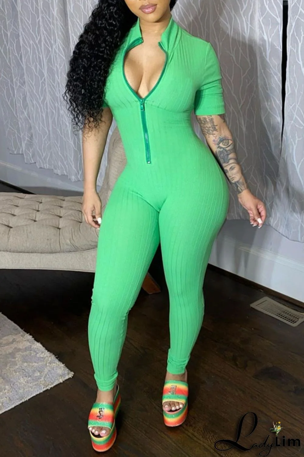 Green Casual Solid Patchwork Zipper Collar Regular Jumpsuits