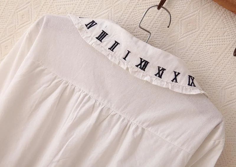 White Mori Girl Shirt With Clock Embroidery SP165108