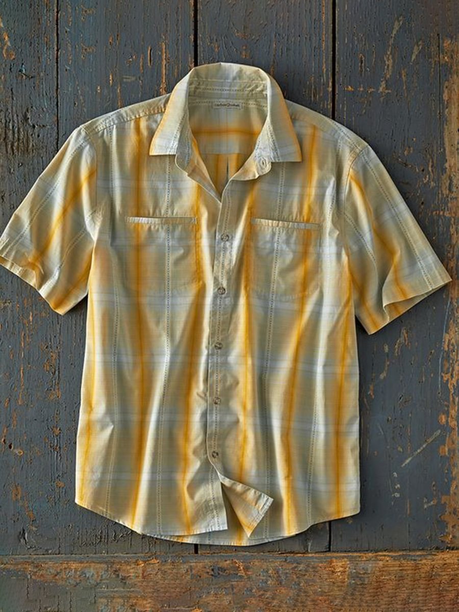 Men's Yellow Plaid Short-Sleeved Cotton and Linen Shirt