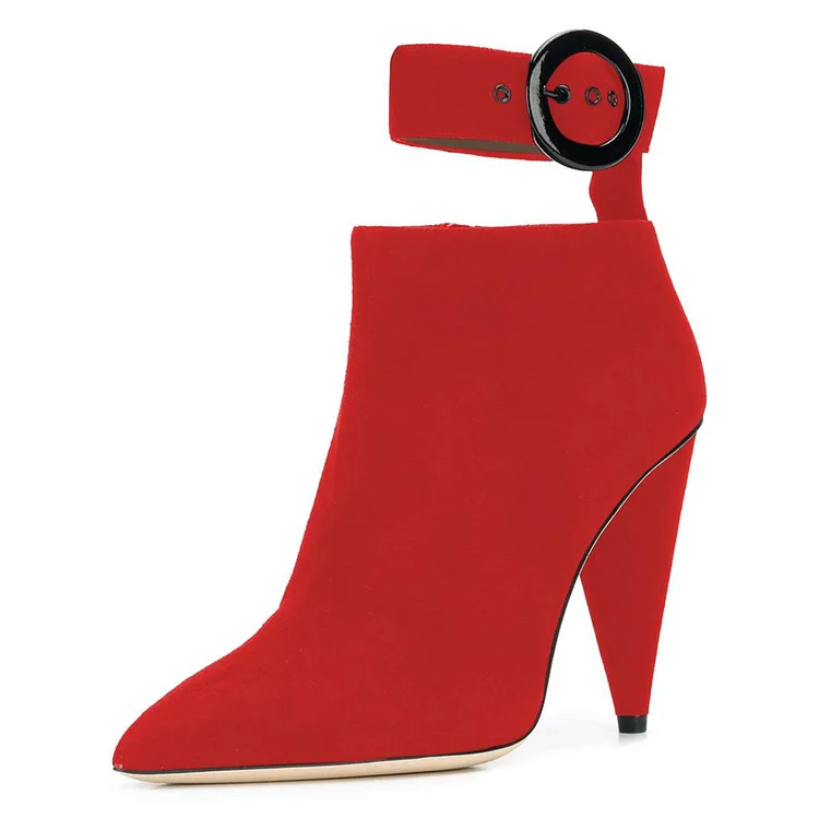 Red Ankle Strap Buckle Cone Heel Ankle Boots |FSJ Shoes