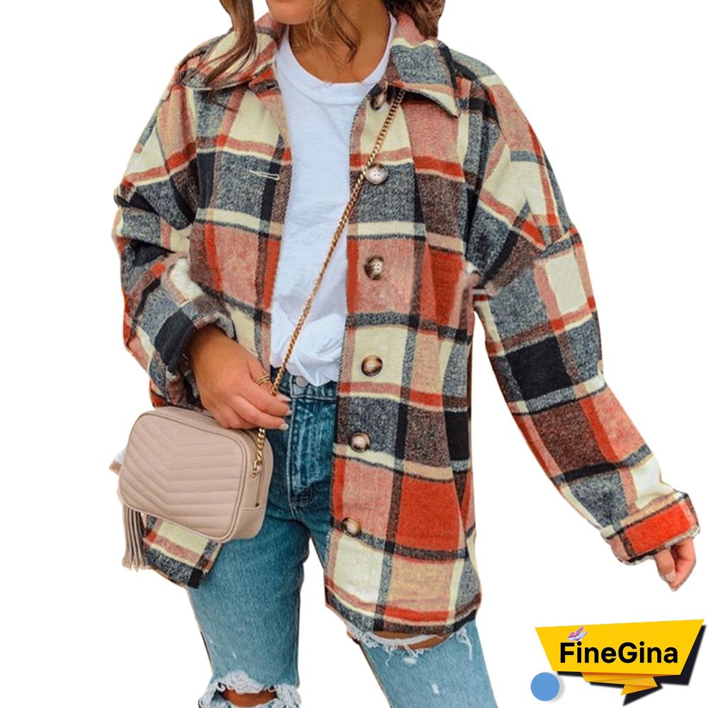 Hot Sale Women Fashion Plaid Shirt Jackets Turn-Down Collar Autumn Oversized Jacket Fashion Loose Coat Streetwear Female Outwear