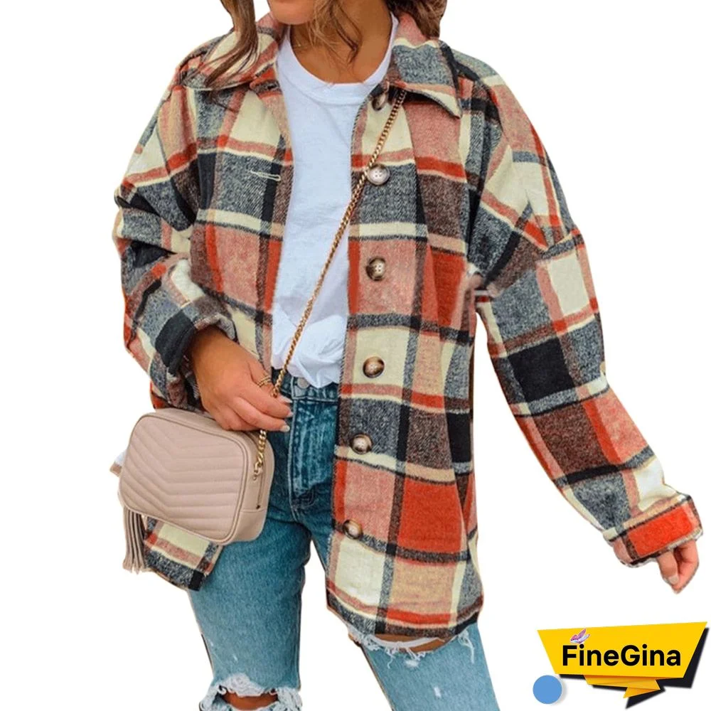 Hot Sale Women Fashion Plaid Shirt Jackets Turn-Down Collar Autumn Oversized Jacket Fashion Loose Coat Streetwear Female Outwear