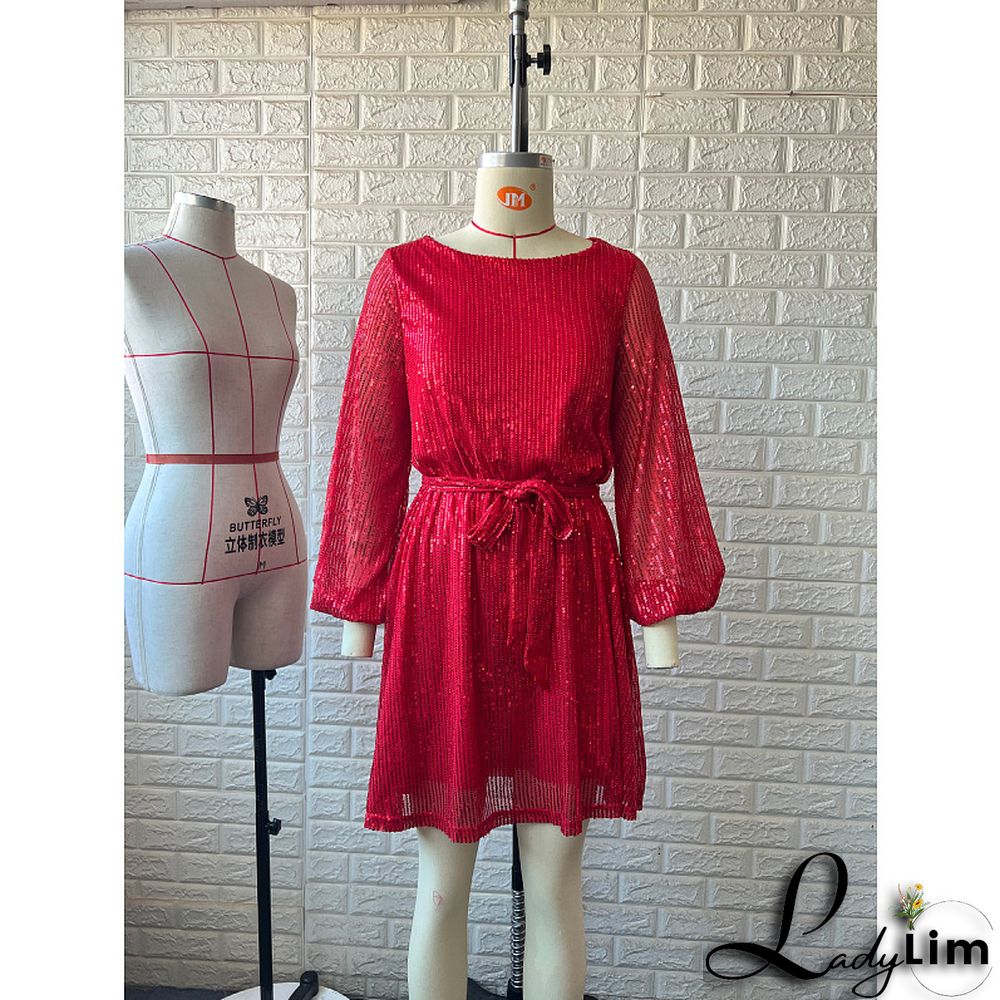 Women Casual Solid Lace-Up Sequin Embroidery Dress