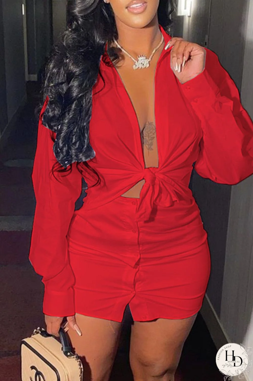 Red Fashion Sexy Solid Basic Turndown Collar Long Sleeve Two Pieces