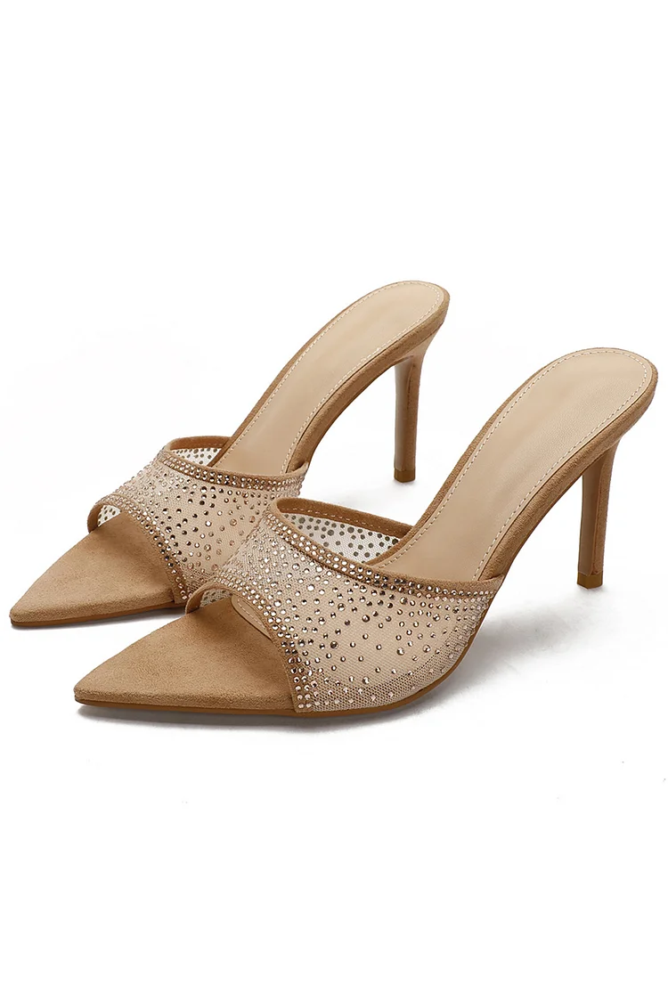 Fashion Brown Suede Mesh Rhinestone Pointed Toe High Heel Pumps