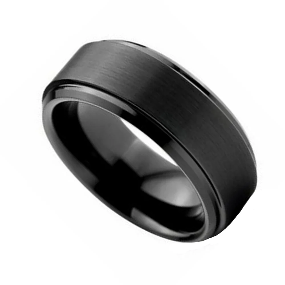 6MM 8MM Black Matte Brushed Tungsten Carbide Mens Rings Beveled Edge Polished Finished