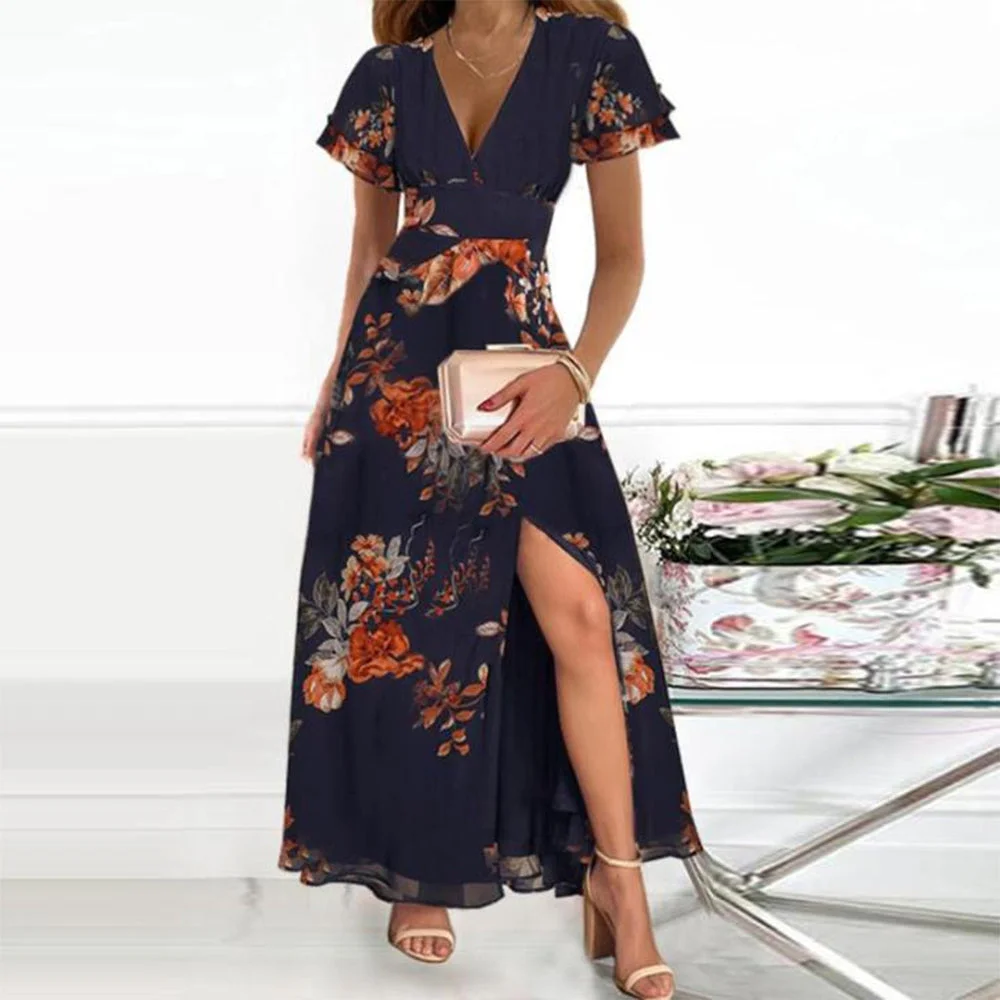 Navy V-Neck Short Sleeve Maxi Dress