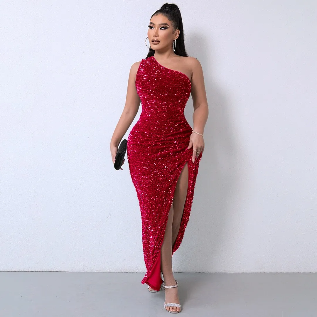Uveng One Shoulder Wrap Split Thigh Sequin Formal Dress