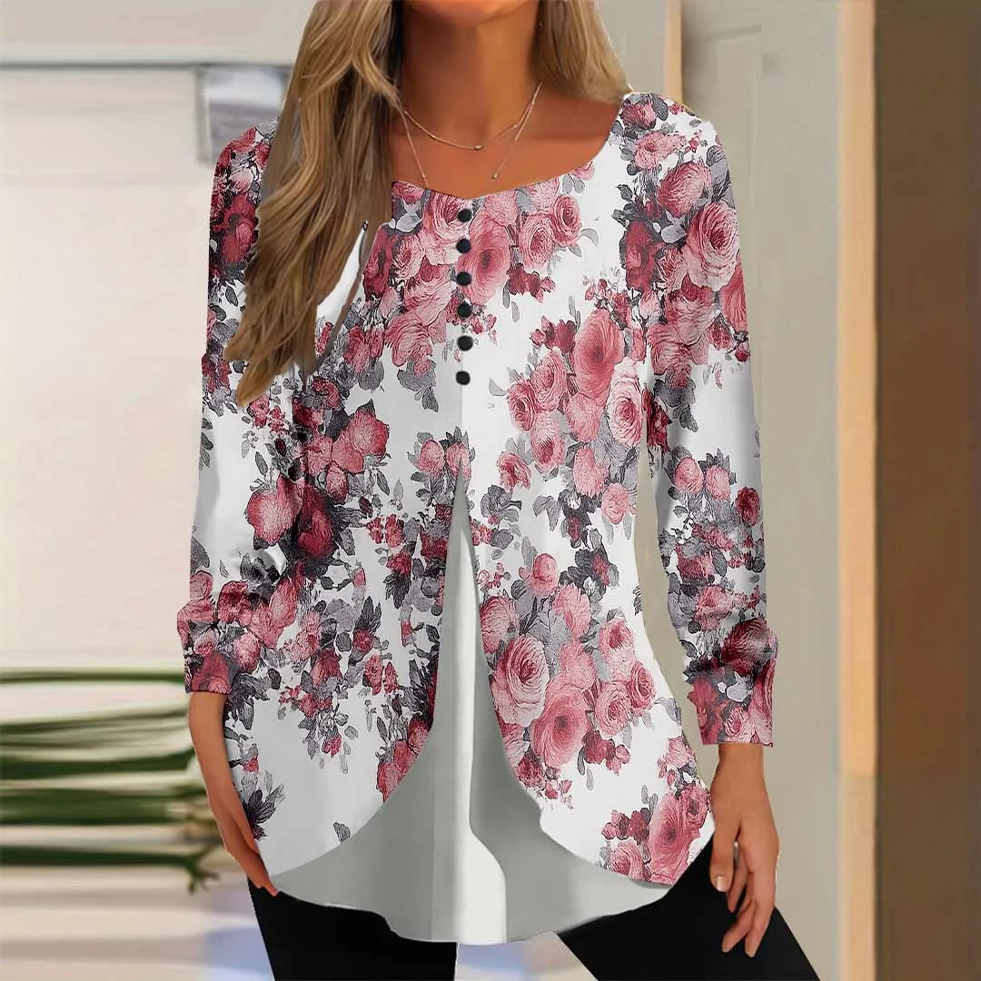 Women Floral,Pink DZGG8270 Long Sleeve Scoop Neck Printed Graphic Button Fake 2in1 Tops