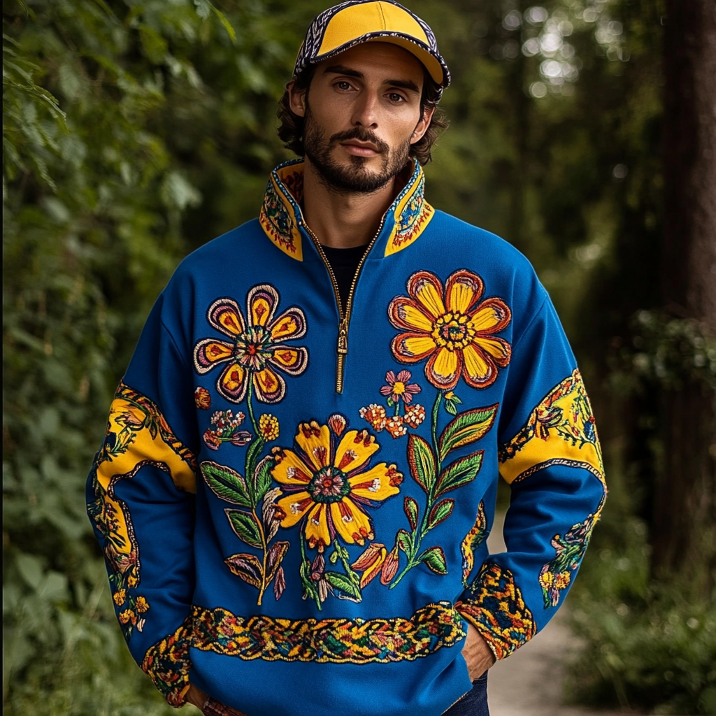 Comstylish Ukrainian Floral Embroidery Vintage Zip-up Sweatshirt
