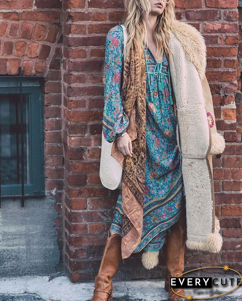 V neck Asymmetrical Women Daytime Elegant 3/4 Sleeve Paneled Floral Plus Size Dress