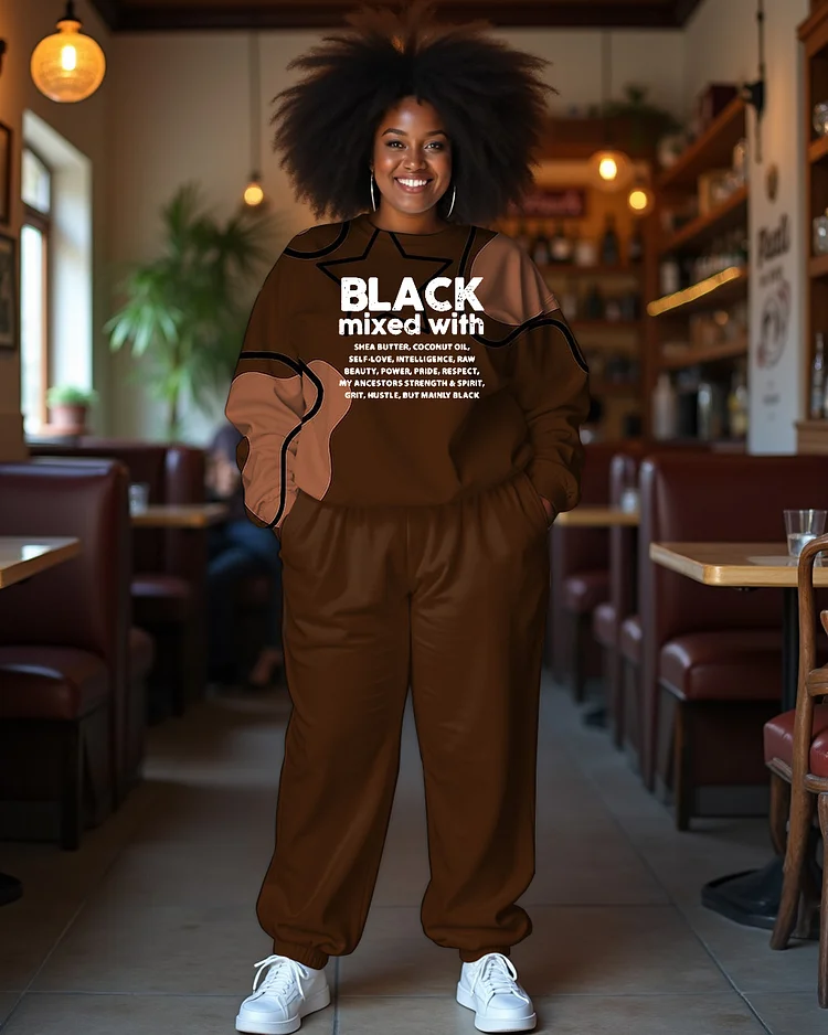 Women's Plus Size Black Mixed with Long Sleeve Sweatshirt and Casual Pants Set