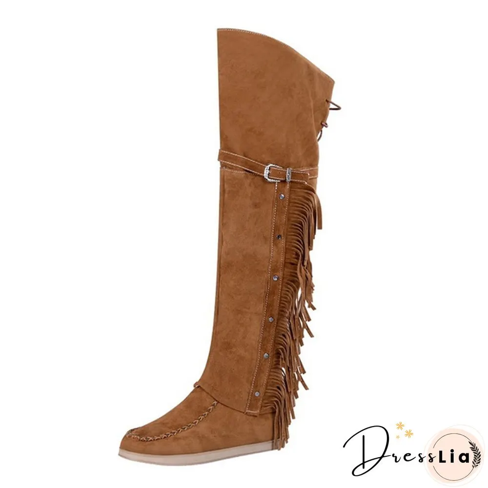 Winter Women Faux Suede Tassel Boots Fashion Ethnic Fringe Boho Long Boots Flat Heel Knee High Boots