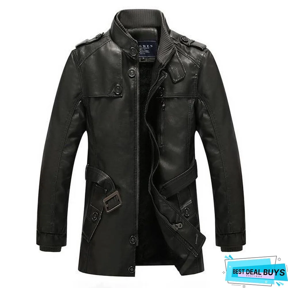 Winter Leather Jacket Mens Casual Warm Mens Long Leather Trench Coat Washed Pu Leather Motorcycle Jacket Plus Size