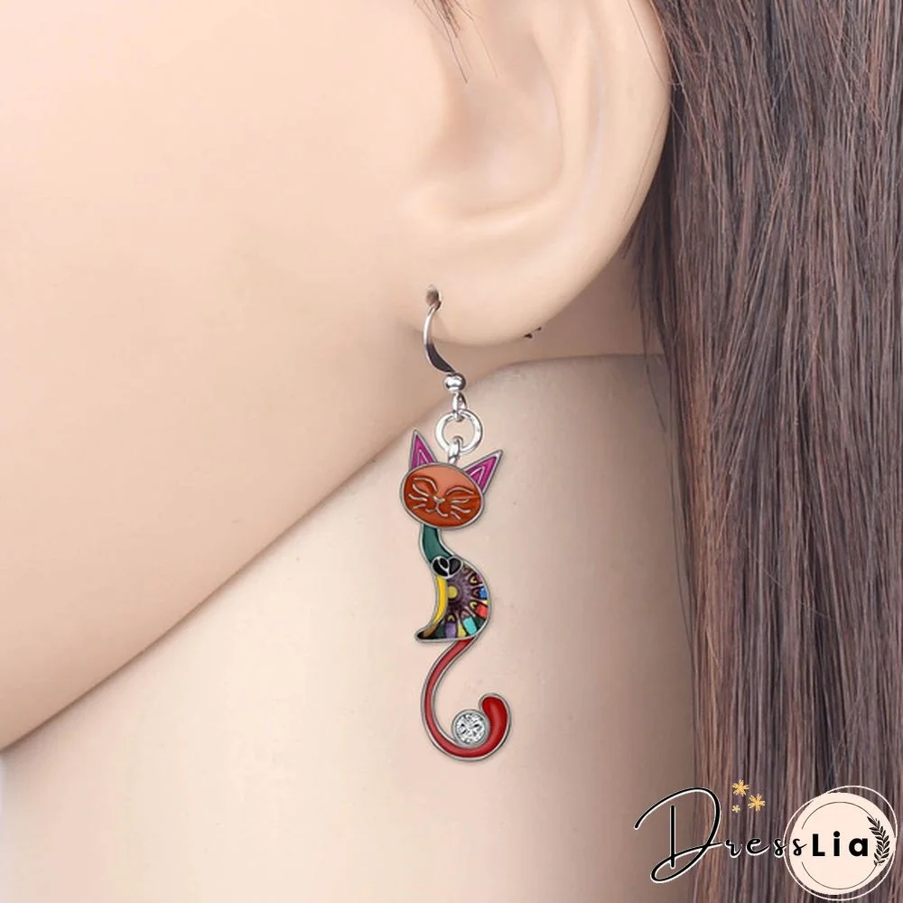 Fashion Animal Enamel Alloy Rhinestone Elegant Closed Eyes Cat Earrings Drop Dangle Earrings For Women Girls Gift Charms Pet Accessories 1 Pair Hot Sale