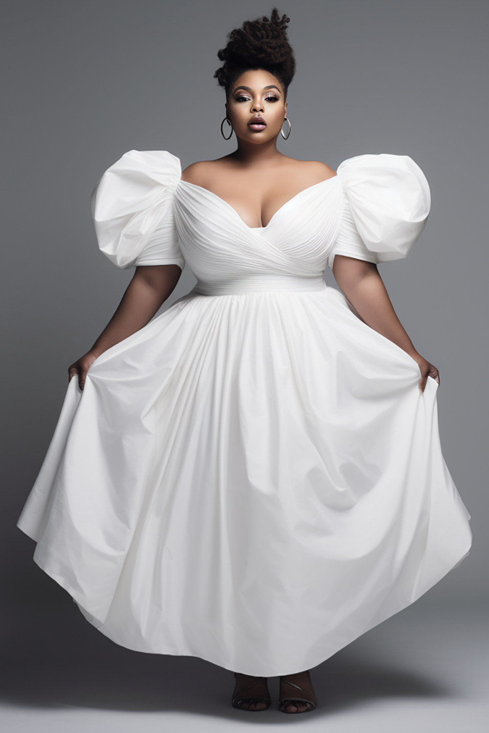 Design Plus Size Semi Formal Maxi Dresses Elegant White Spring Summer V Neck Puff Sleeve Short Sleeve Fold Cotton Maxi Dresses [Pre-Order]