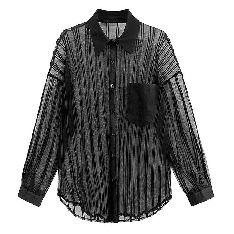 Fashion Loose Solid Color Lapel Perspective Striped Lace Splicing Pocket Long Sleeve Shirt      