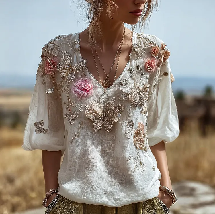 Bohemian Style V-neck Butterfly And Flower Embroidery Cotton And Linen Short Sleeve