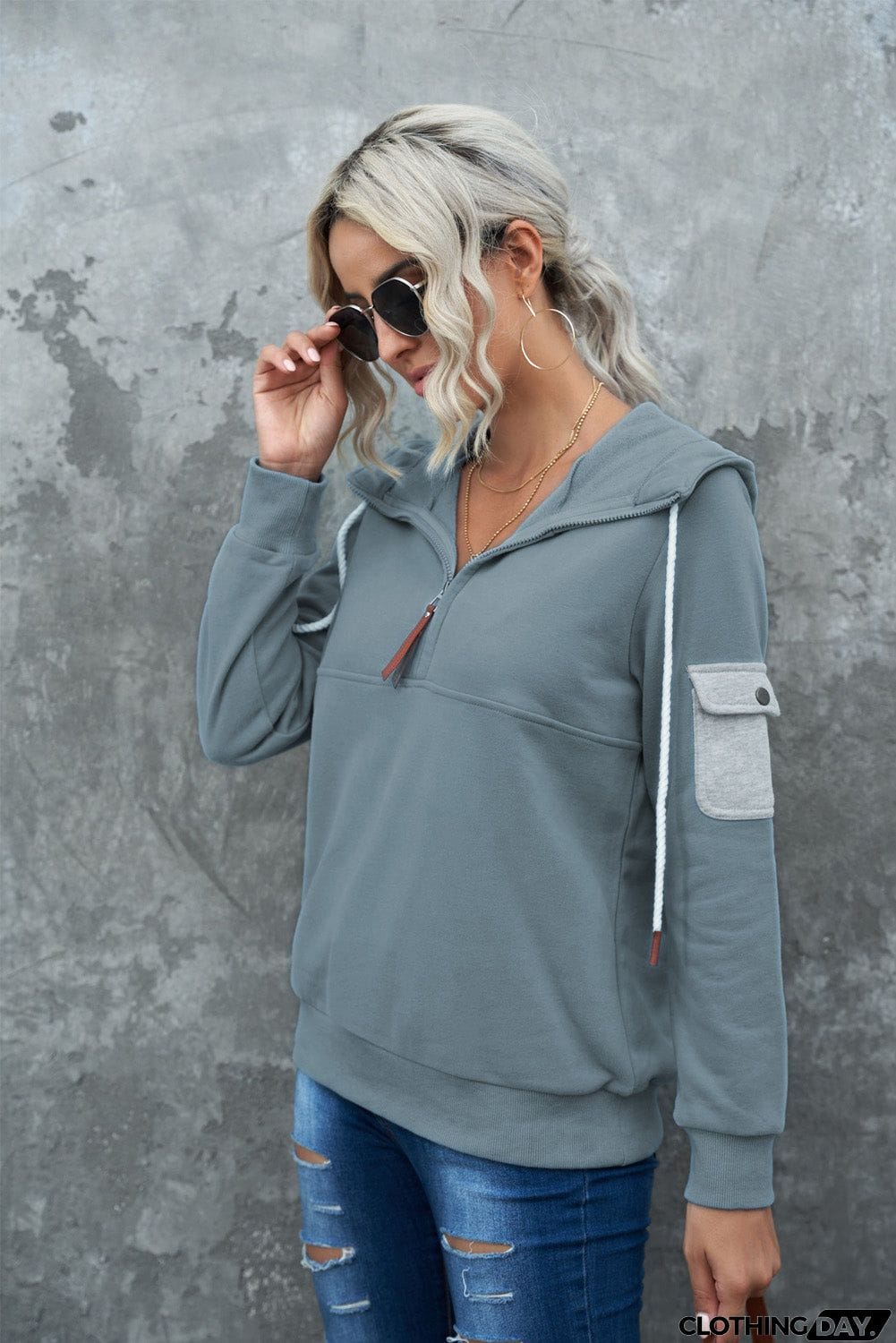 Half Zip Colorblock Pocket Patchwork Long Sleeve Hoodie